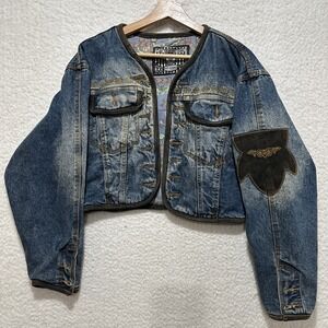 No! Jeans Open Front Aztec Patterned Lined Leather Trim Denim Jacket Size XS, S?